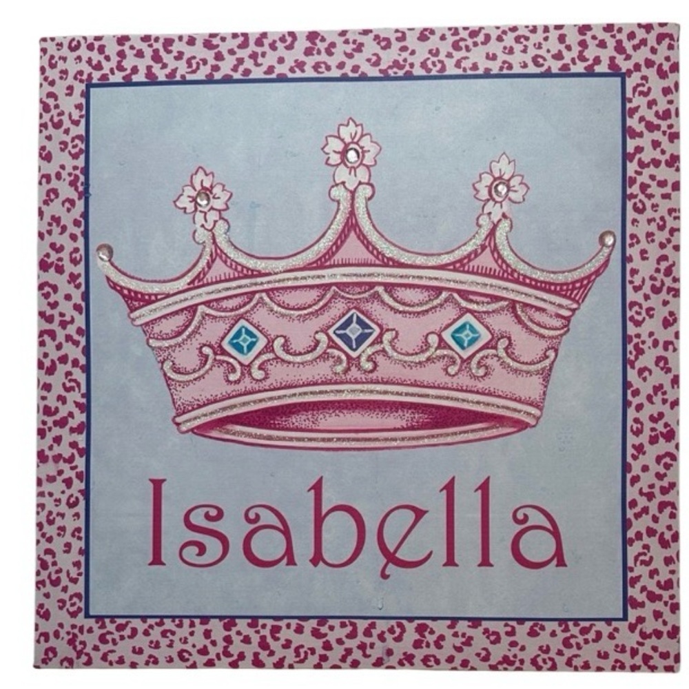 shabby chic decorative canvas art print pink crown and the name “Isabella”